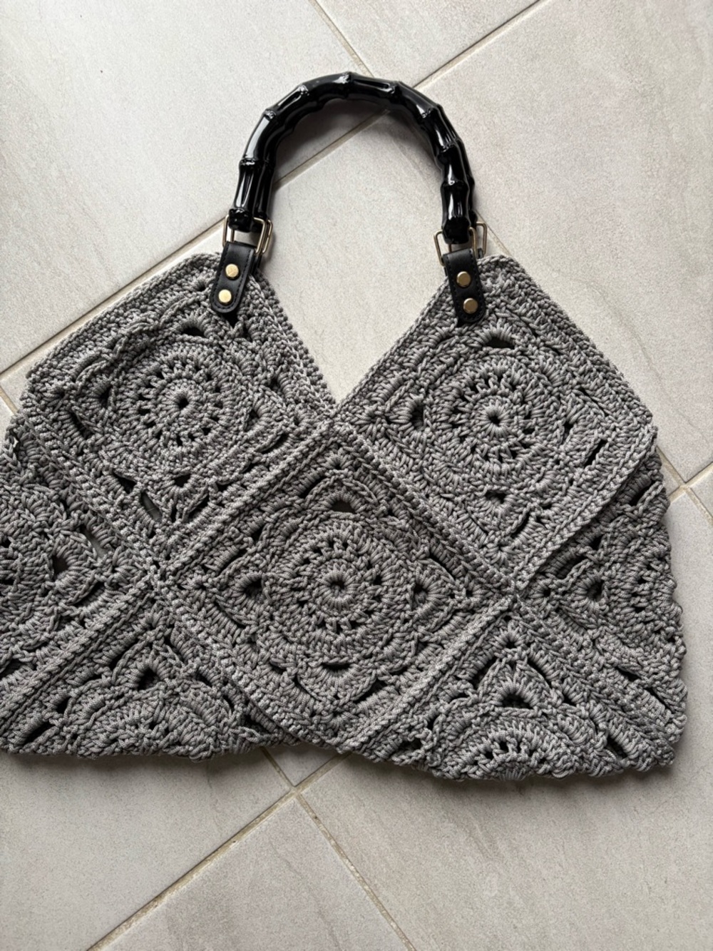 Handmade Gray Crochet Tote Bag with Black Bamboo Handles